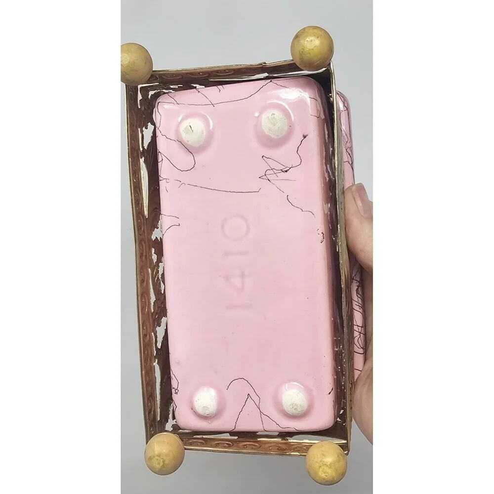 Vtg Hull MCM Pink Ceramic Footed Splatter Lines Mini Loaf Pan Trinket Dish 6